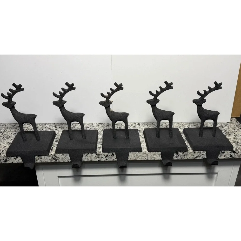 Crate & Barrel 3D Zinc Reindeer Matte Black Christmas Stocking Holder Set Of 5